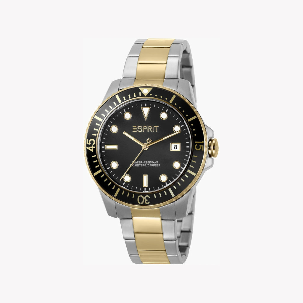 Esprit Men's Silver & Gold Stainless Steel Watch, Black Dial | Es1g156m0025