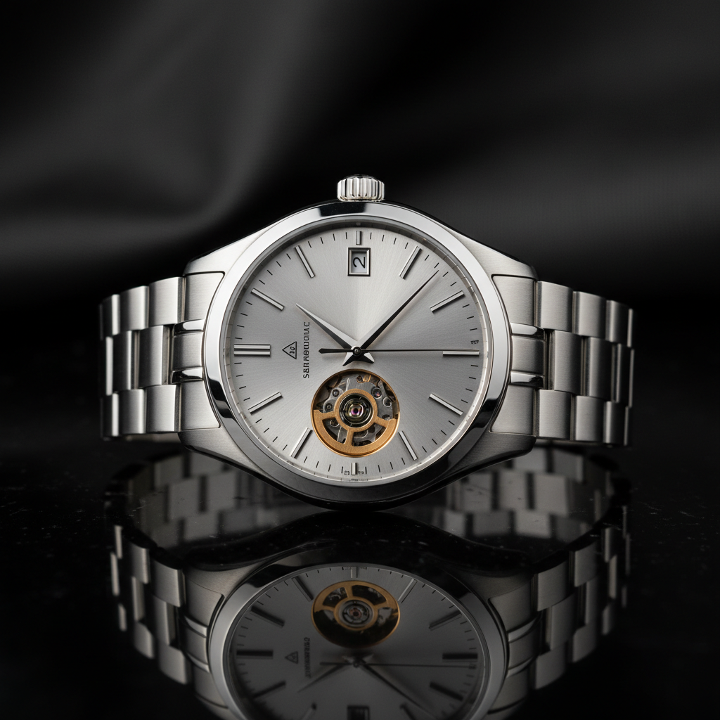 The Apex Automatic luxury watch with minimalist silver dial and exhibition caseback